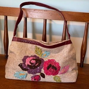 Vtg Embroidered Needlepoint Wool Floral Purse Leather Handle